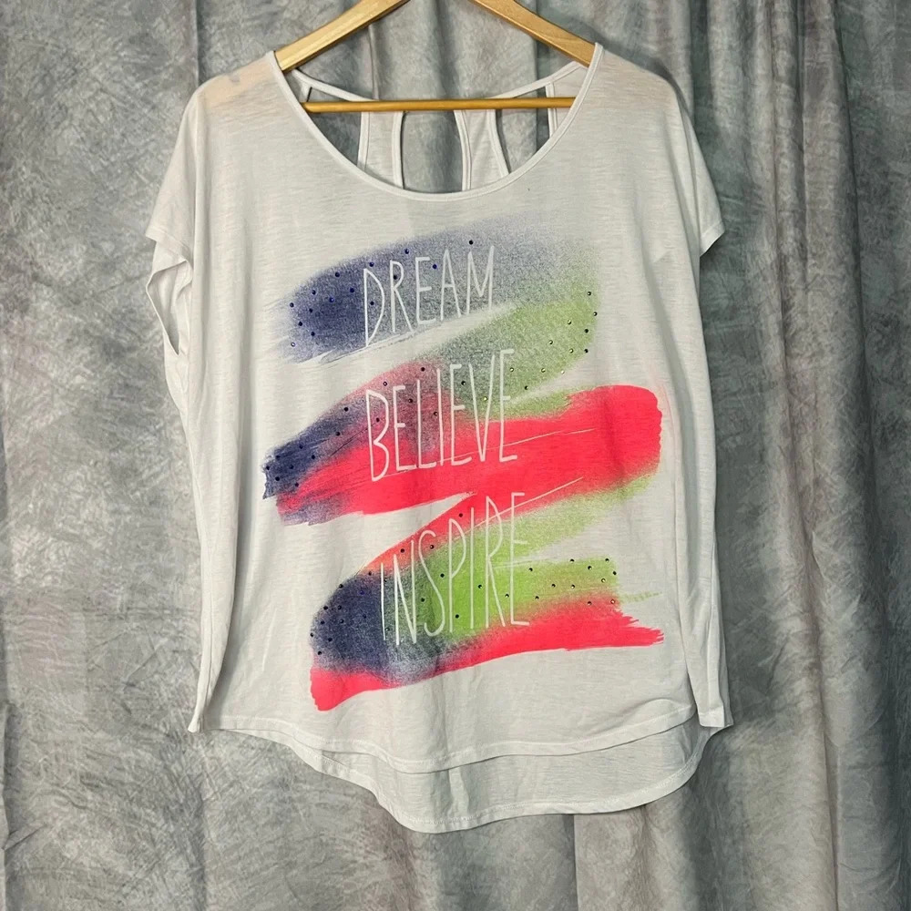 Cato Woman Dream Believe Inspire Bejeweled Cut Out Back T-Shirt - 18/20W